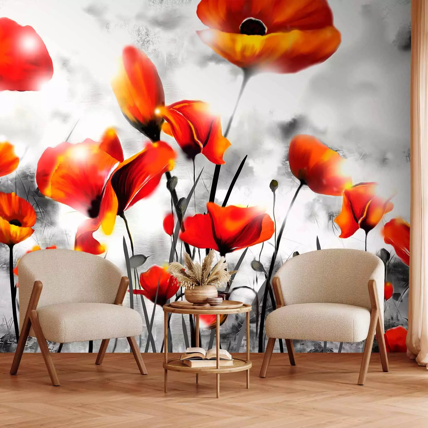 Wall Mural Condemnation - Red Poppy Flowers on a Black-and-White Background  of Sky and Mist - bimago, image size:1500x1500