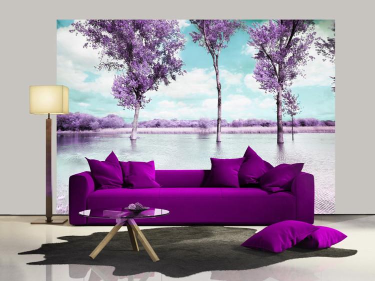 Wall Mural Heather Landscape - Trees by the Water in Provencal Style in Violet