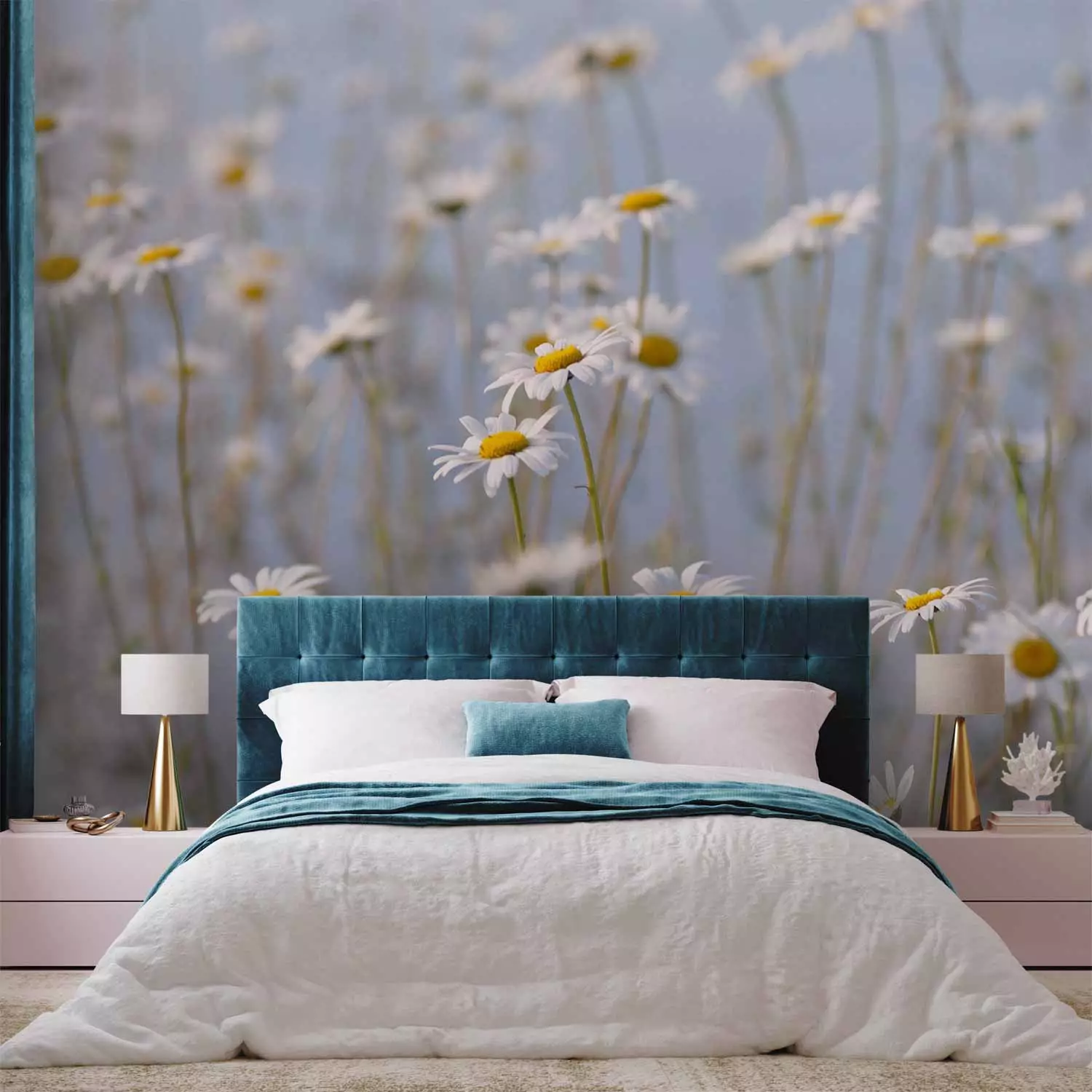 Photo Wallpaper Daisies - Meadow Landscape with a Close-up of Flowers and a Blue Sky