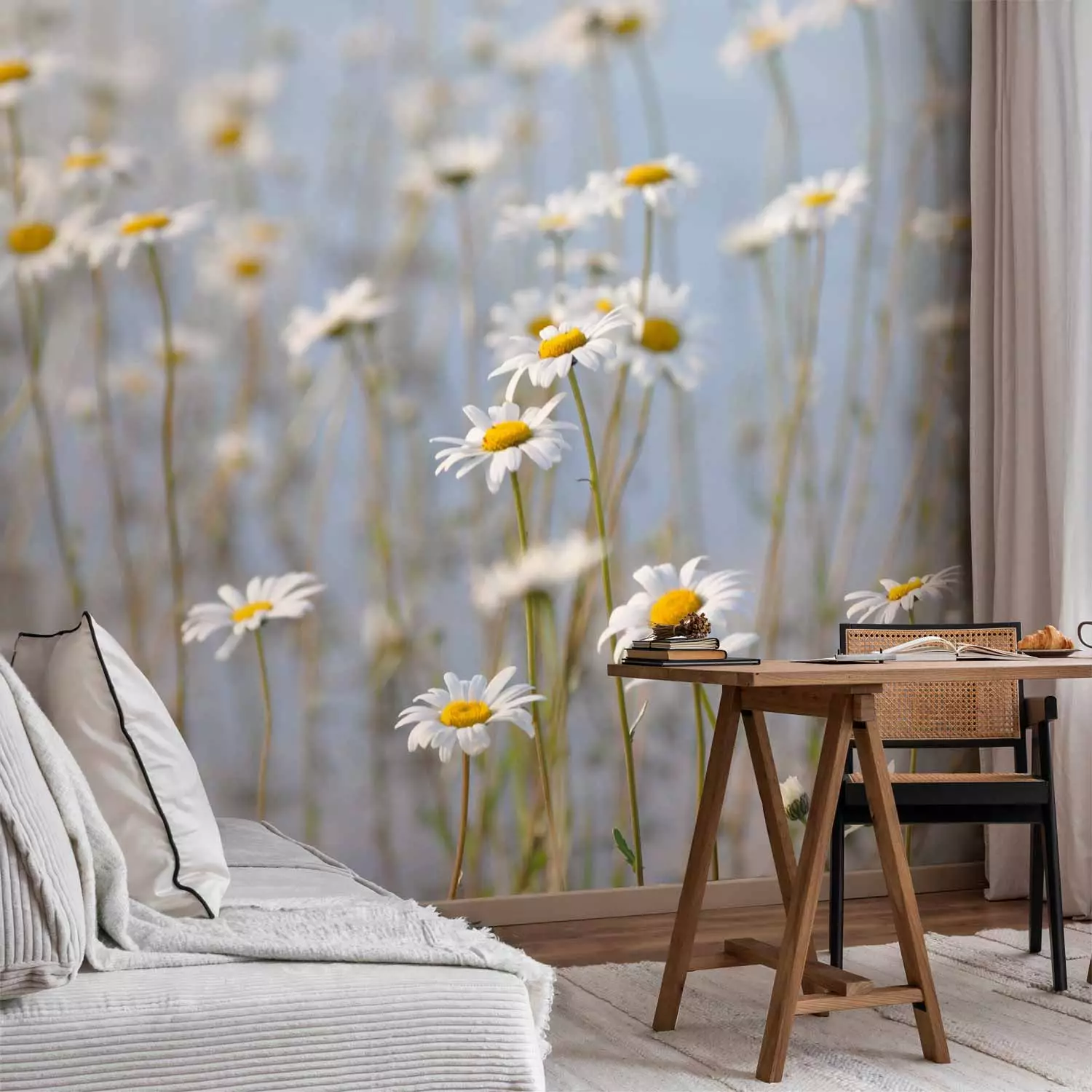 Photo Wallpaper Daisies - Meadow Landscape with a Close-up of Flowers and a Blue Sky