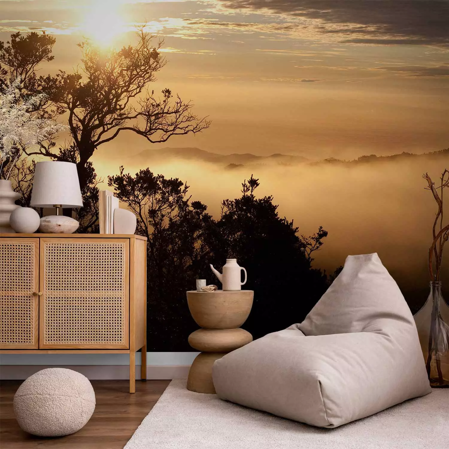 Wall Mural Sky and Trees - Landscape of a Tropical Forest in Mist at Sunset