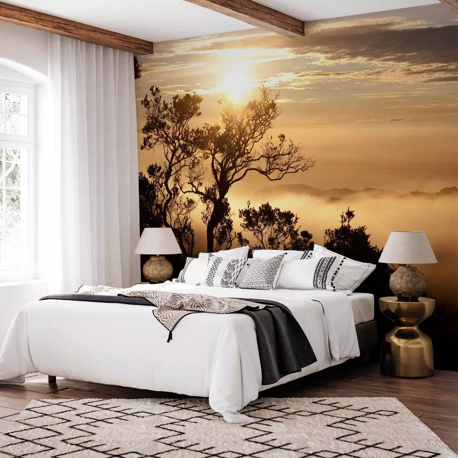 Wall Mural Sky and Trees - Landscape of a Tropical Forest in Mist at Sunset