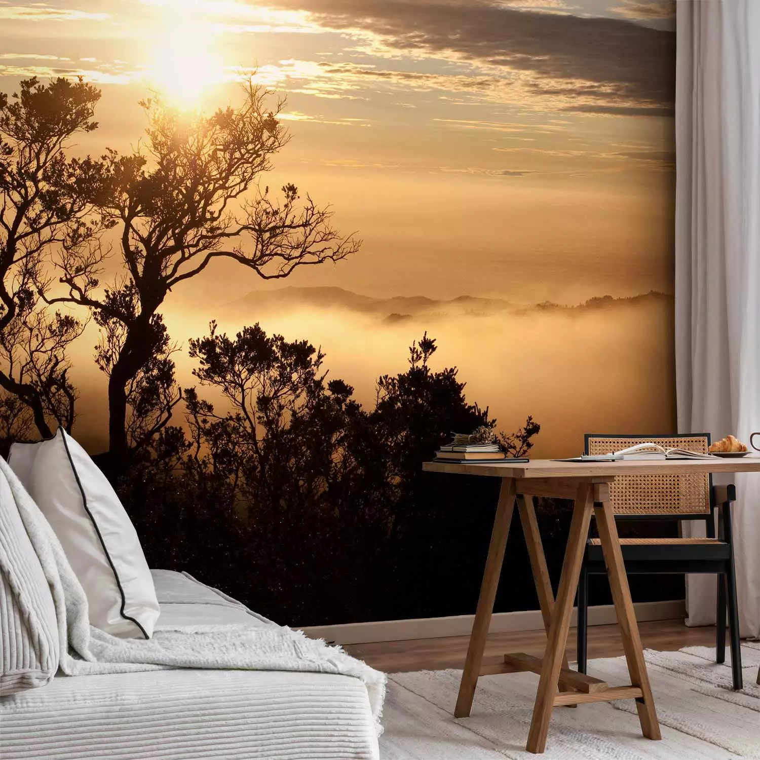 Wall Mural Sky and Trees - Landscape of a Tropical Forest in Mist at Sunset