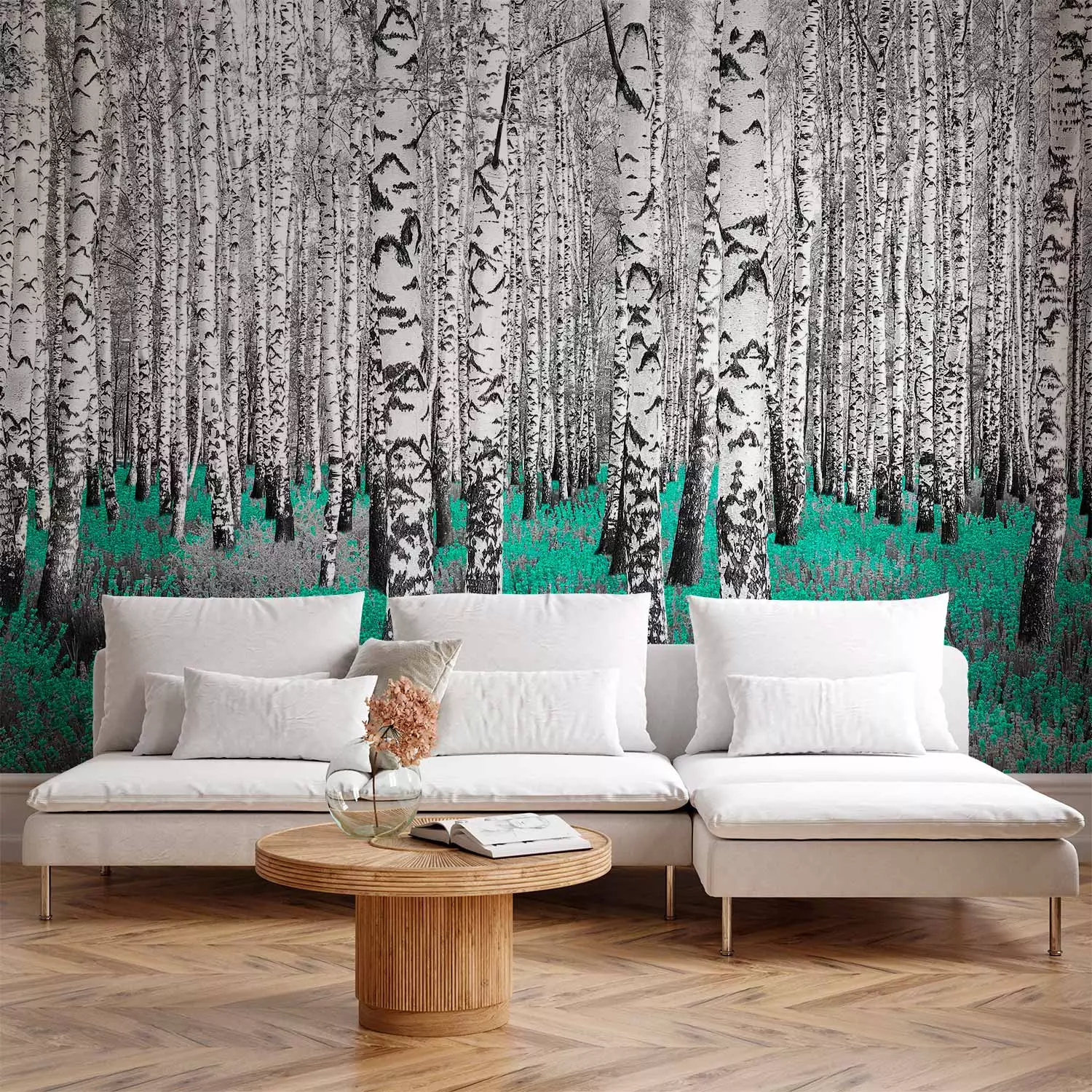 Photo Wallpaper Emerald Asylum - Abstract Forest Landscape with Birch Trees and an Accent