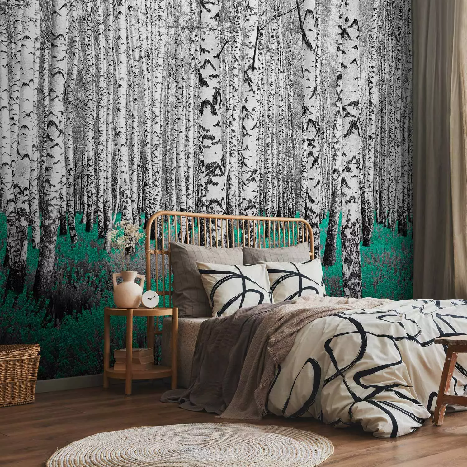 Photo Wallpaper Emerald Asylum - Abstract Forest Landscape with Birch Trees and an Accent