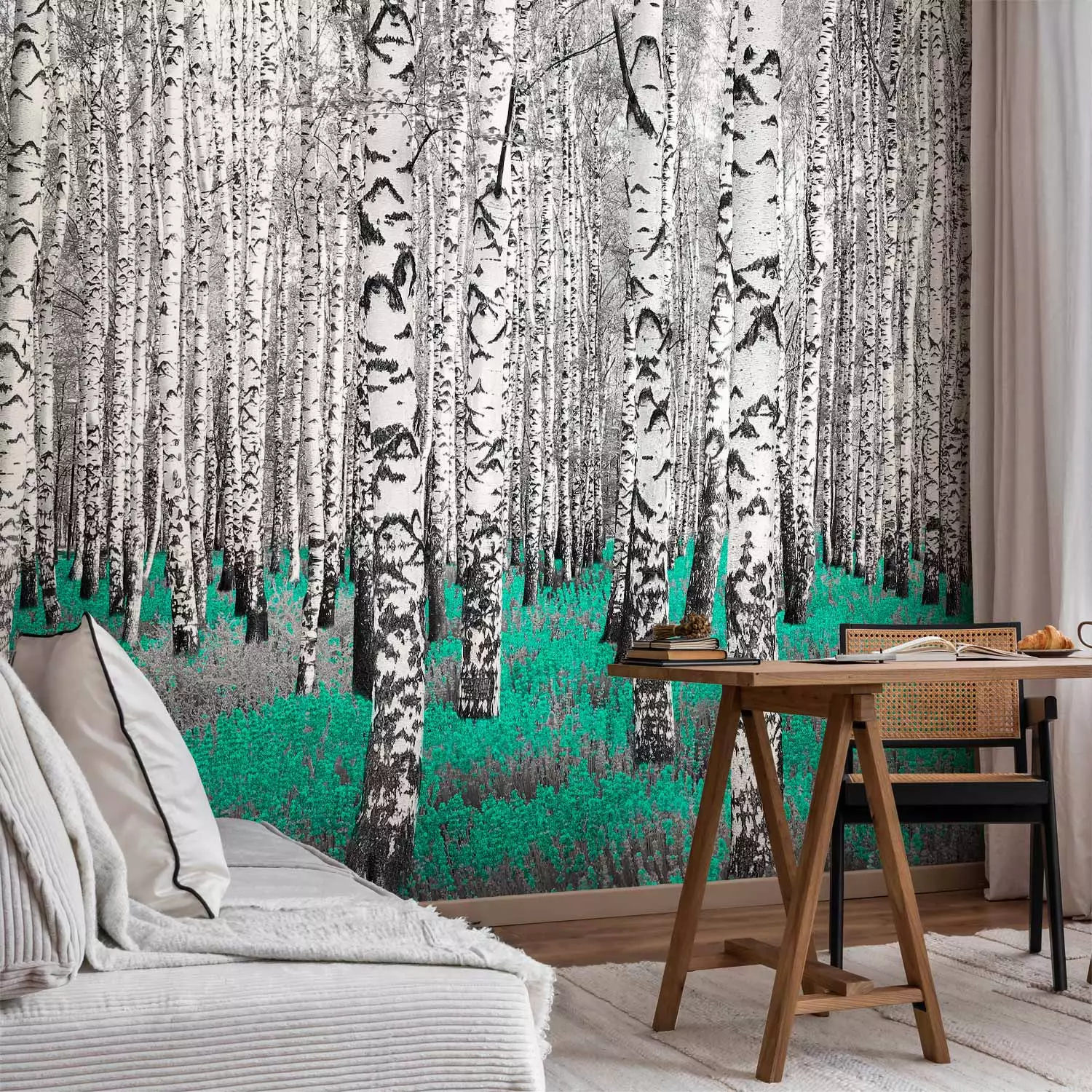 Photo Wallpaper Emerald Asylum - Abstract Forest Landscape with Birch Trees and an Accent