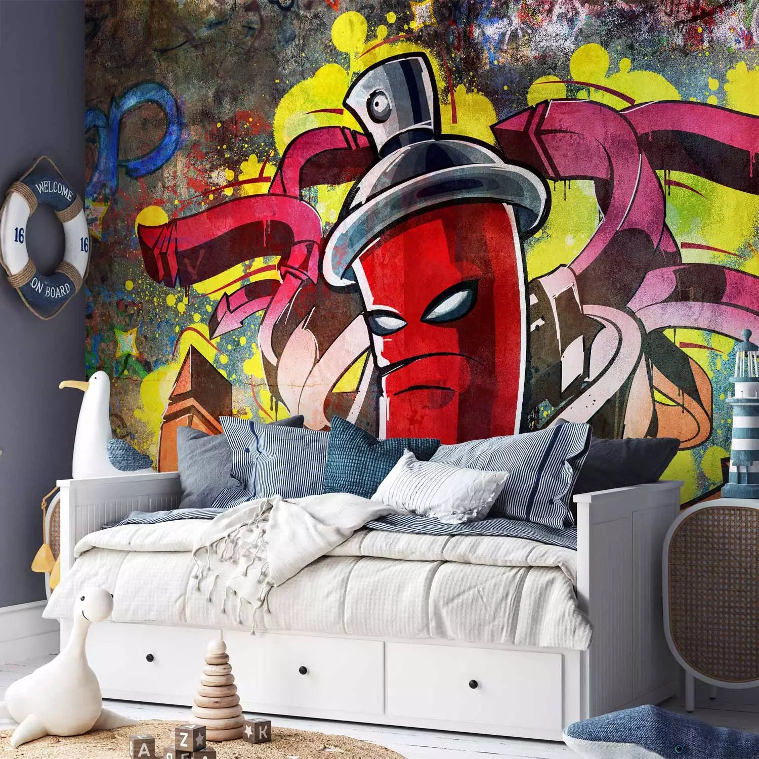 Photo Wallpaper Graffiti Monster - Street Art with Spray Can in the Center and Colourful Background