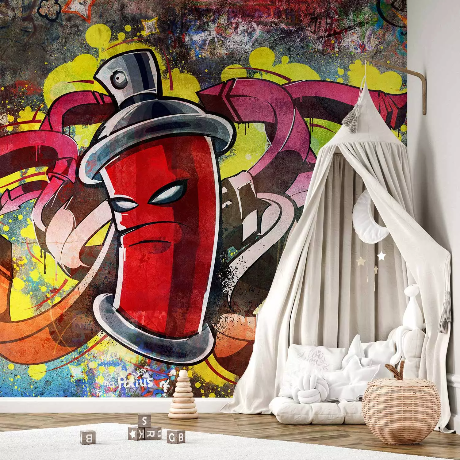 Photo Wallpaper Graffiti Monster - Street Art with Spray Can in the Center and Colourful Background