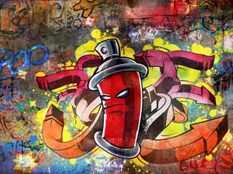 Photo Wallpaper Graffiti Monster - Street Art with Spray Can in the Center and Colourful Background Wallpaper Cropper