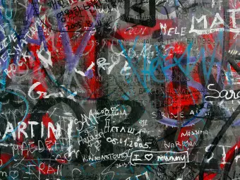 Wall Mural Urban Graffiti - Urban Mural with Inscriptions and Irregular Letters Wallpaper Cropper