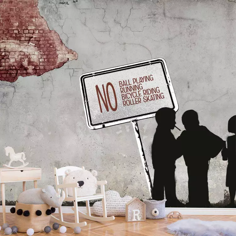 No Ball Playing... - Banksy-Style Street Art with Inscriptions on Concrete