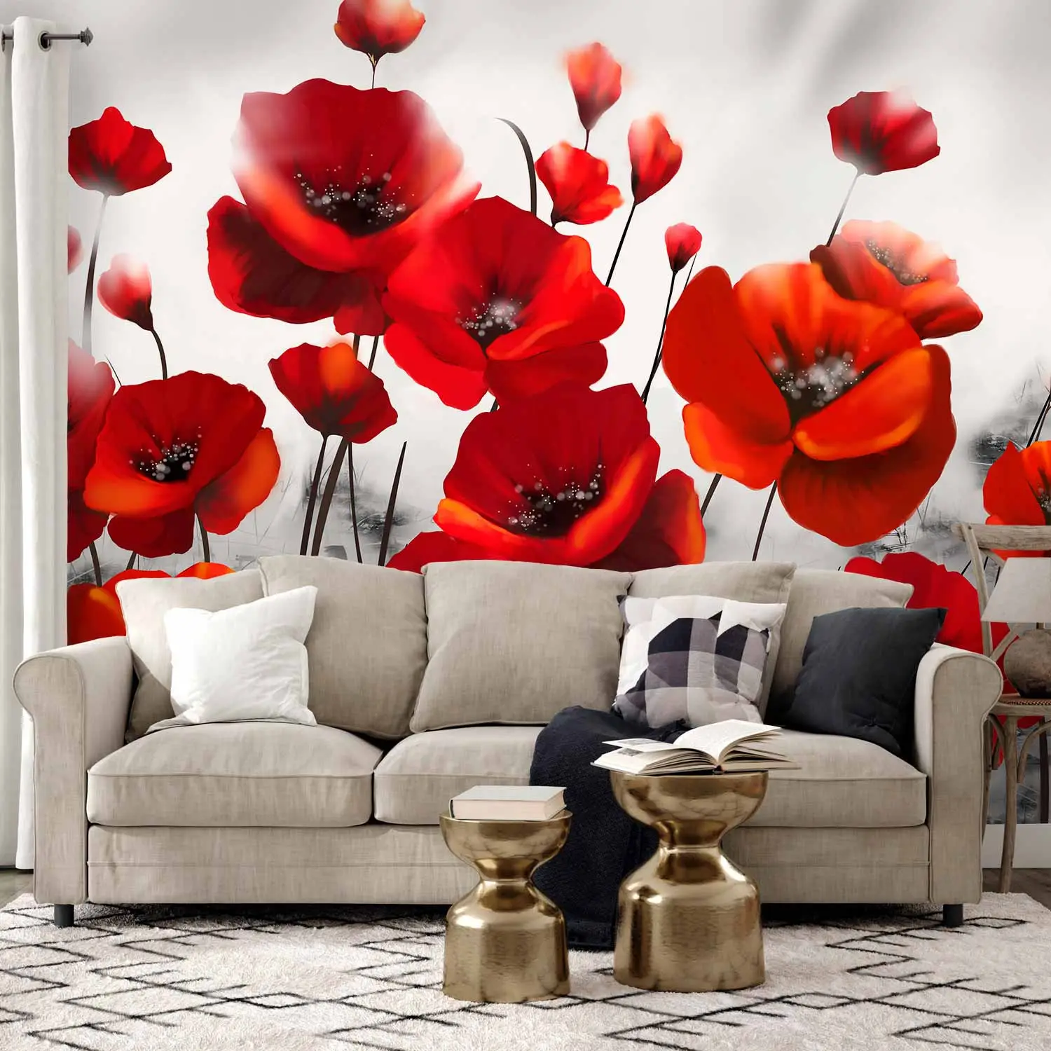 red flower wallpaper living room