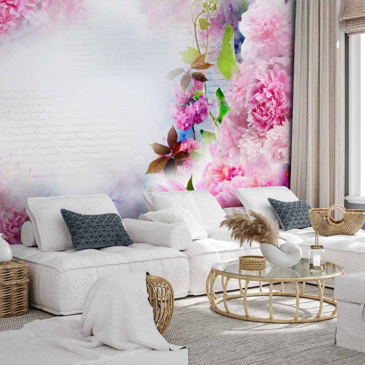 Wall Mural Scent of Carnations - Abstract Floral Motif with Inscriptions and Clouds