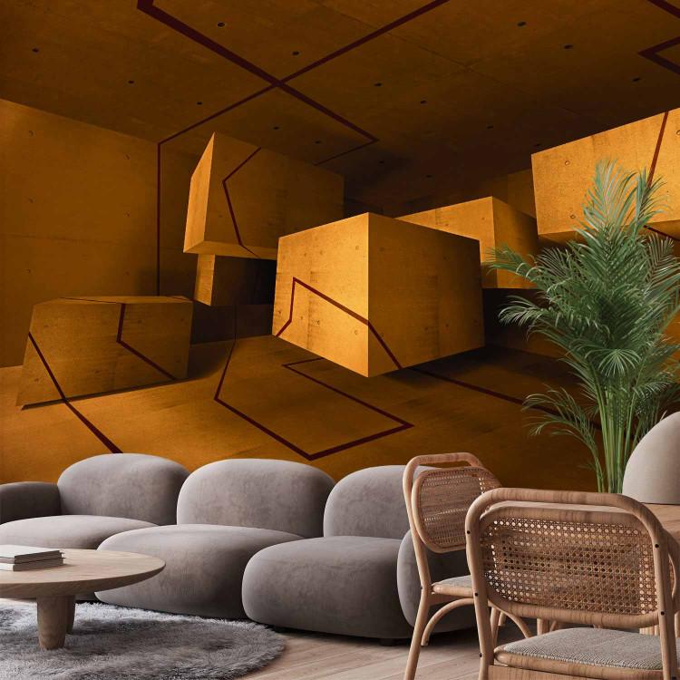 Wall Mural Cubist forms - geometric figures in the form of 3D cubes in metallic patterns on a copper background