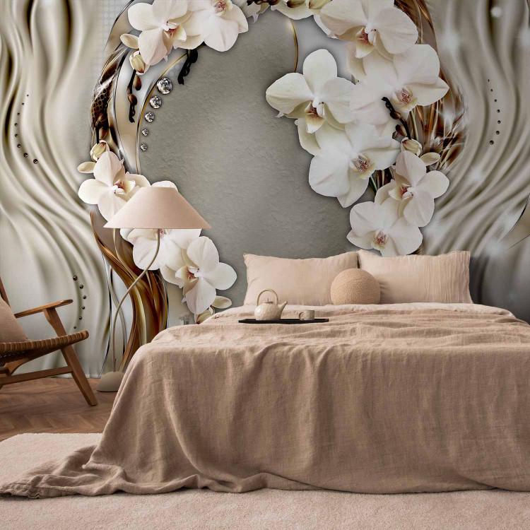Wall Mural Abstraction - Orchid Flowers on Beige Background with Pearls