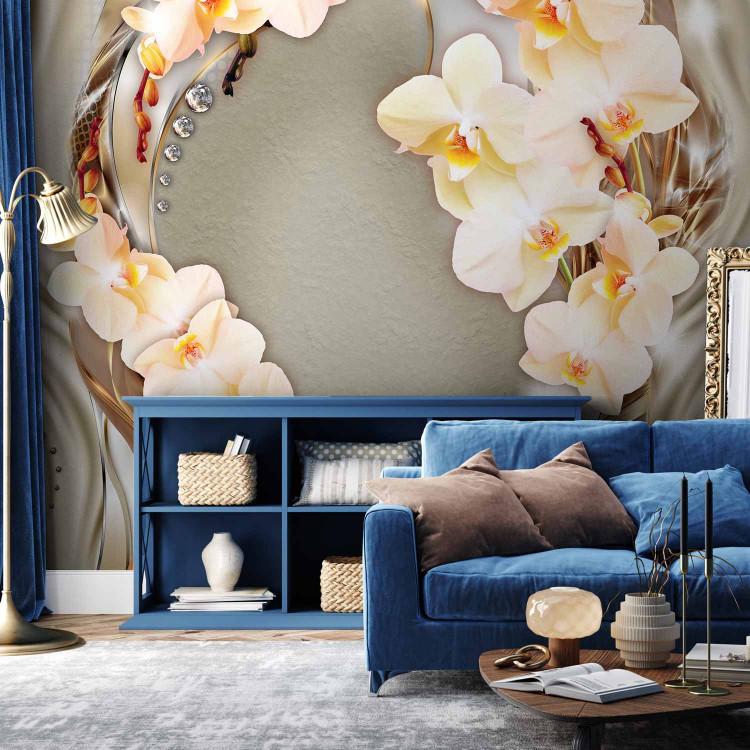 Wall Mural Abstraction - Yellow Orchid Flowers with Pearls on Beige Shades Background