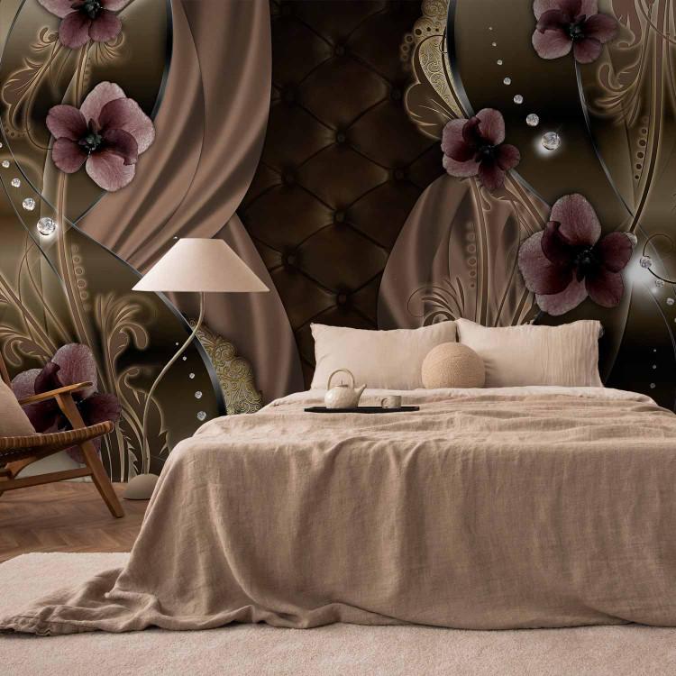 Wall Mural Burgundy Gaps - Abstraction with Flowers on Quilted Background with Pearls