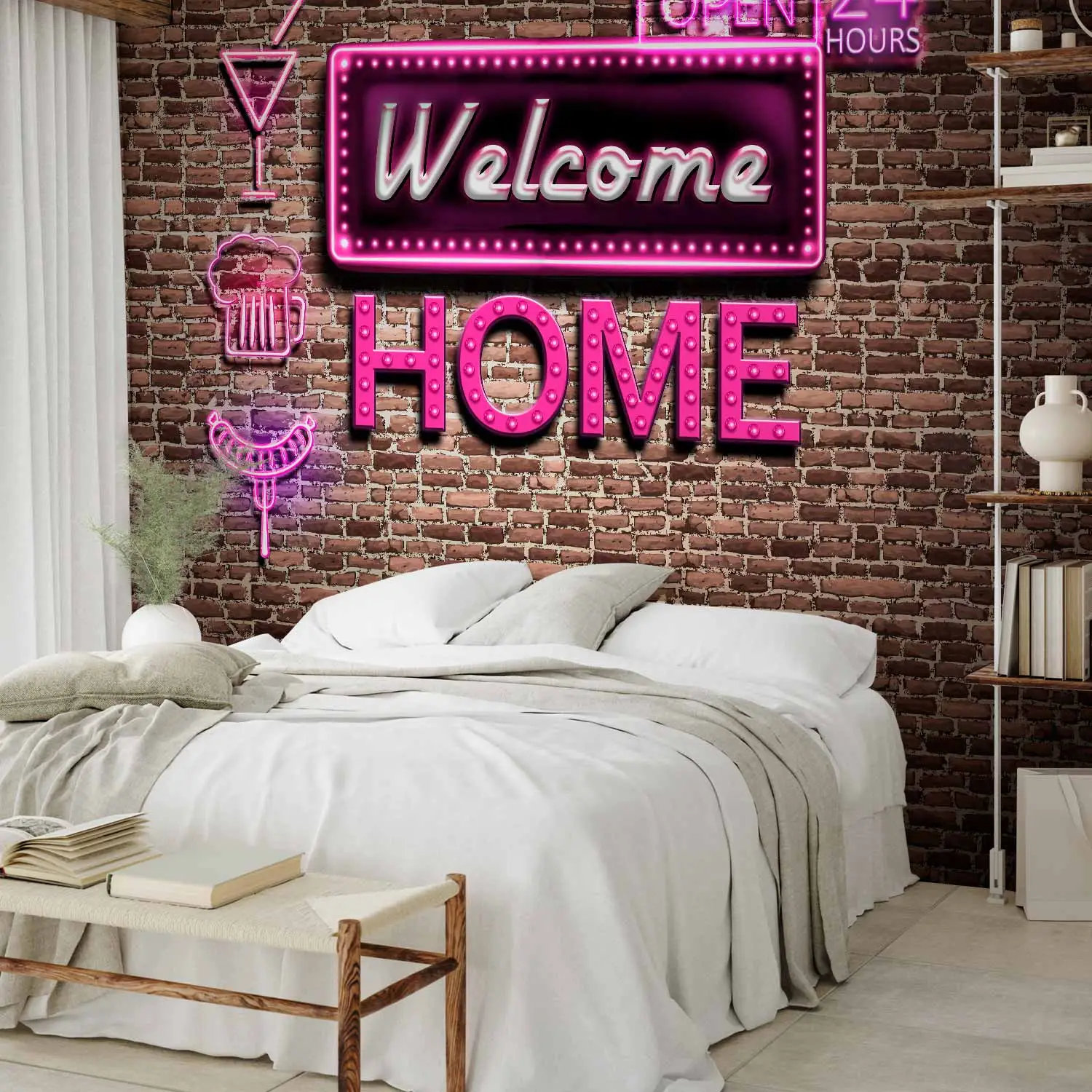 Wall Mural Welcome Home - Illuminated Purple Neon on a Brick Wall