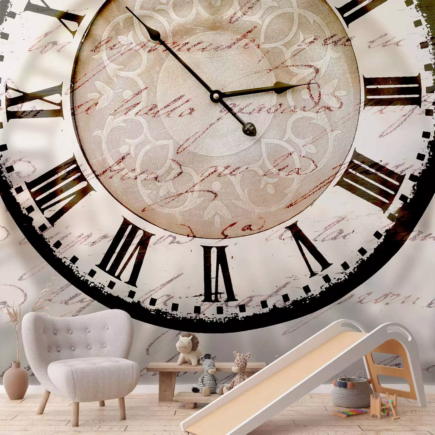 Photo Wallpaper Passage of Time - Large Clock with Shadow on Beige Background with Texts