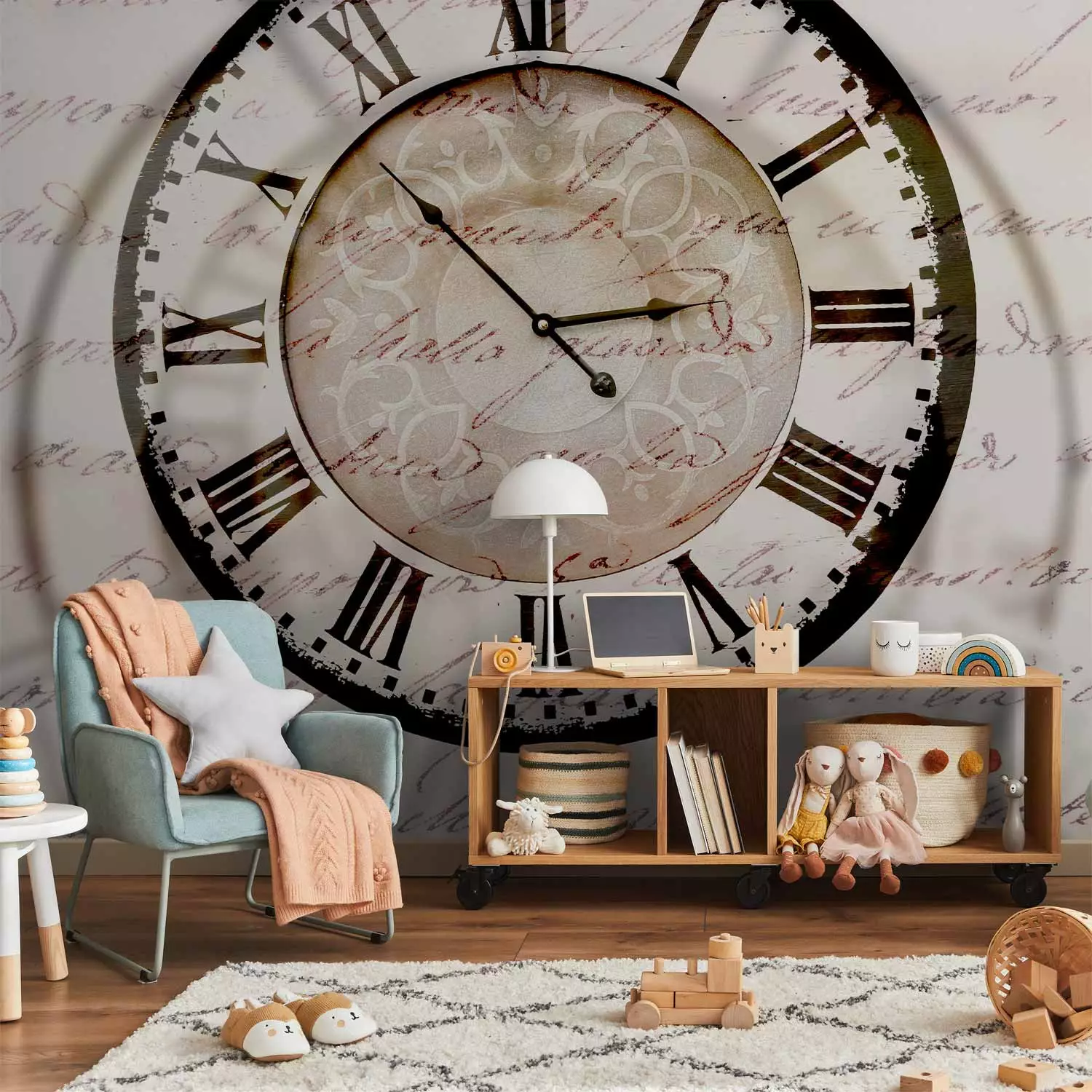 Photo Wallpaper Passage of Time - Large Clock with Shadow on Beige Background with Texts