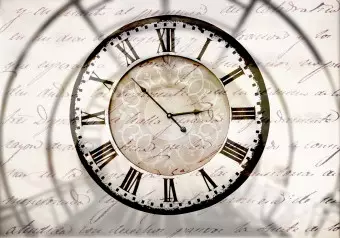 Photo Wallpaper Passage of Time - Large Clock with Shadow on Beige Background with Texts Wallpaper Cropper