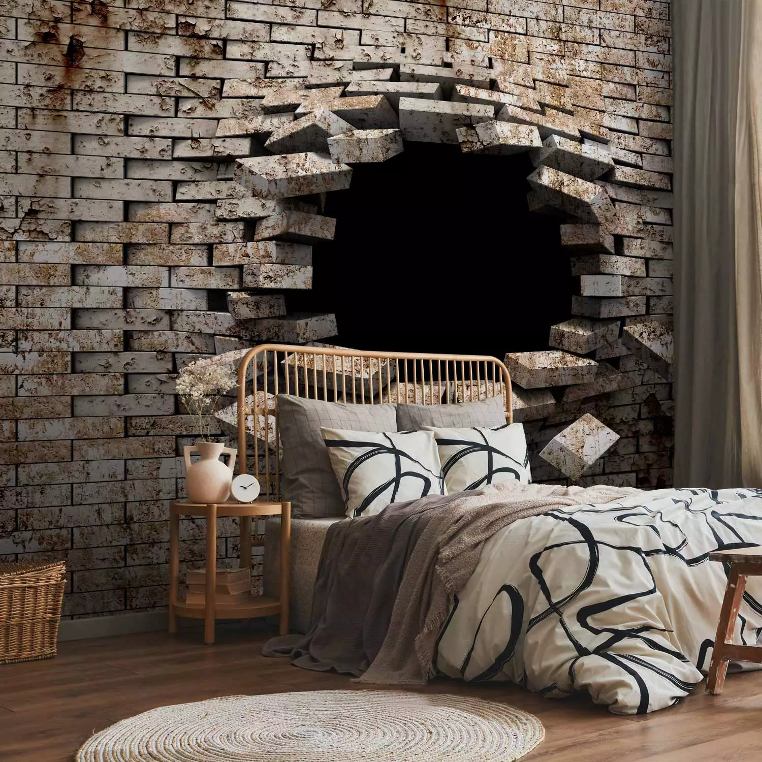Photo Wallpaper 3D Wall Entry - Background with Dirty White Brick with a Prominent Hole