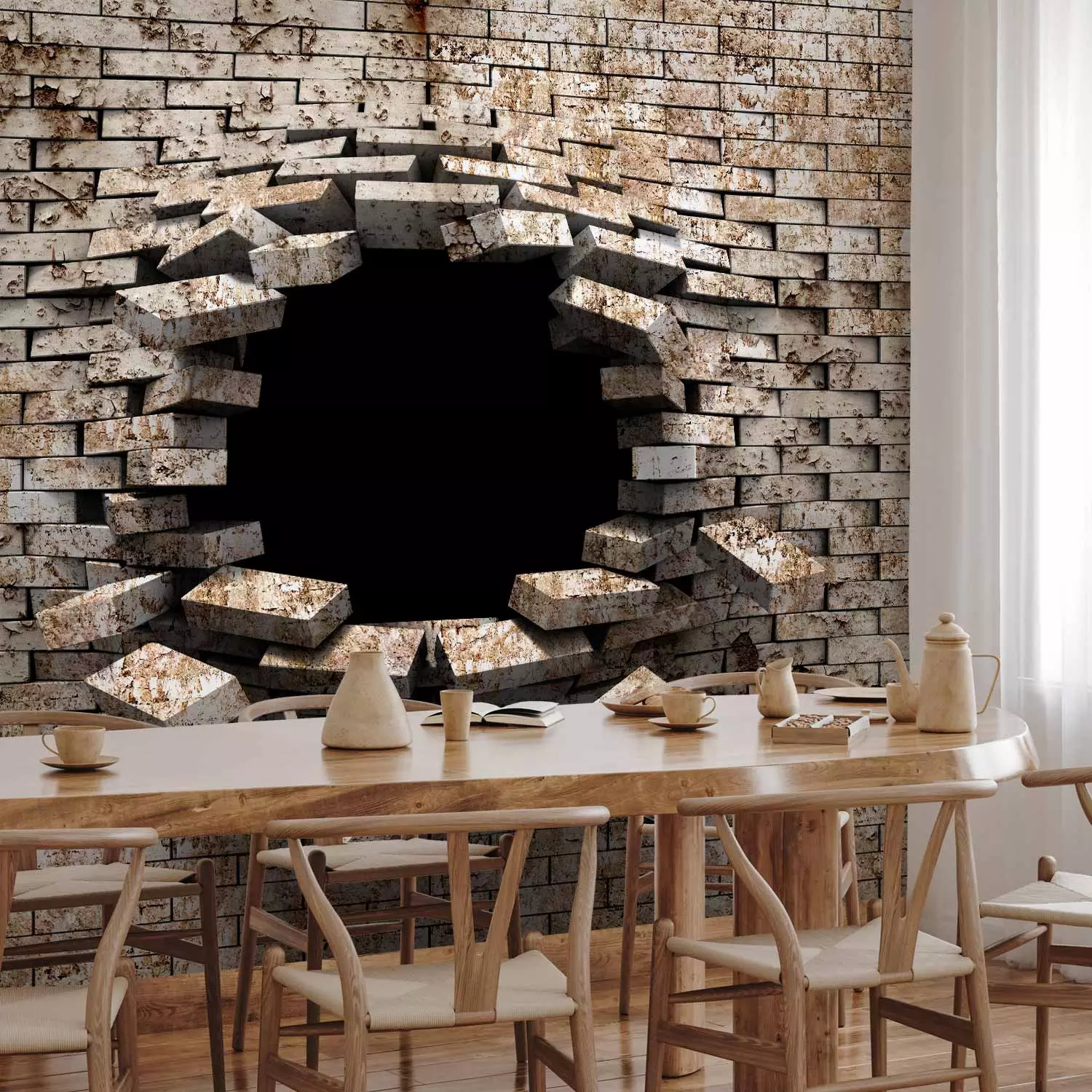 Photo Wallpaper 3D Wall Entry - Background with Dirty White Brick with a Prominent Hole