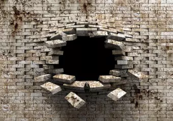 Photo Wallpaper 3D Wall Entry - Background with Dirty White Brick with a Prominent Hole Wallpaper Cropper