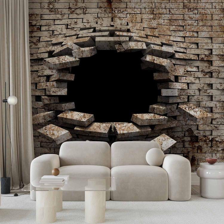 Wall Mural 3D Wall Entry - Background with Dirty White Brick with a Prominent Hole