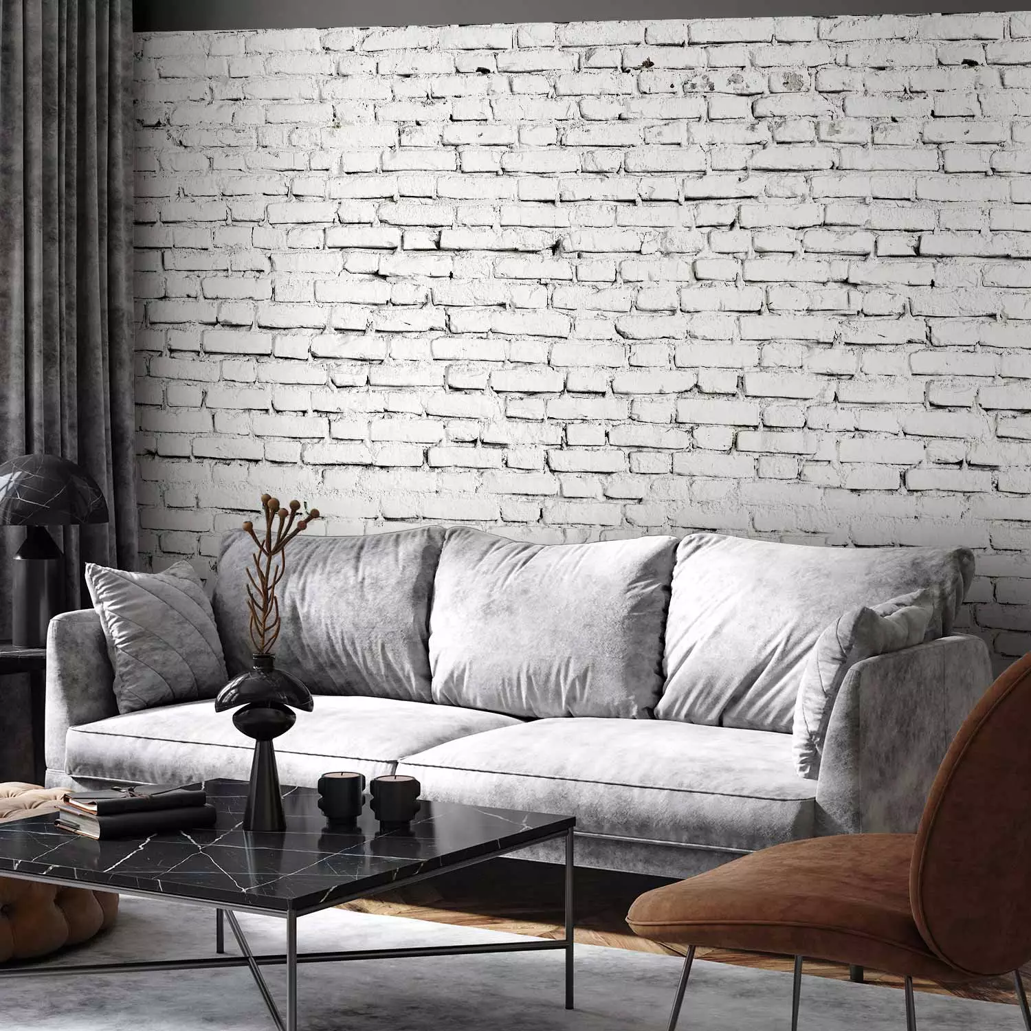 Photo Wallpaper White Stone 3D Effect - Background with White Raw Brick Pattern