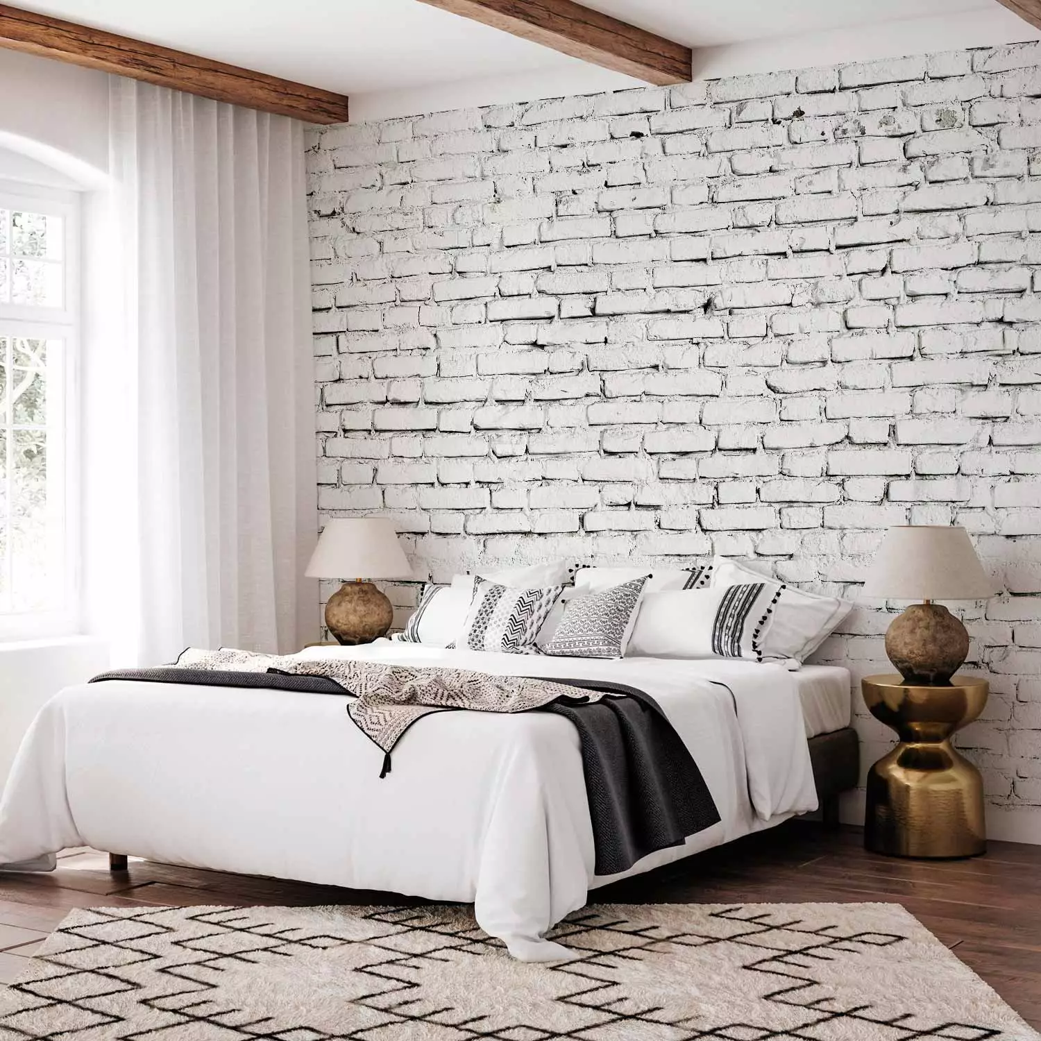 Photo Wallpaper White Stone 3D Effect - Background with White Raw Brick Pattern
