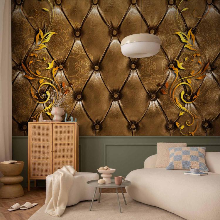 Wall Mural Elegant Design - Leather Texture with Gold Designs and Flowers