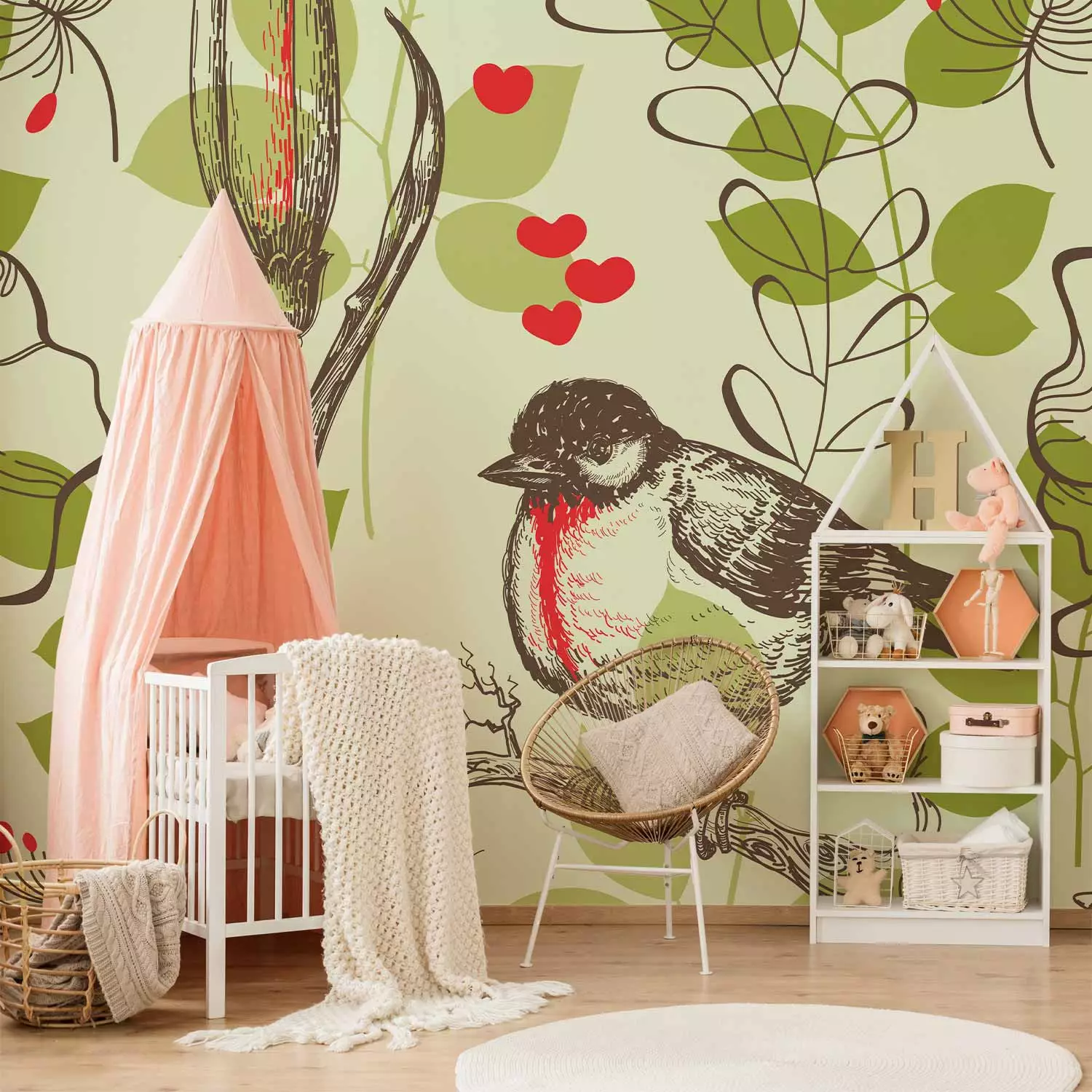 Photo Wallpaper Bird and lilies vintage pattern