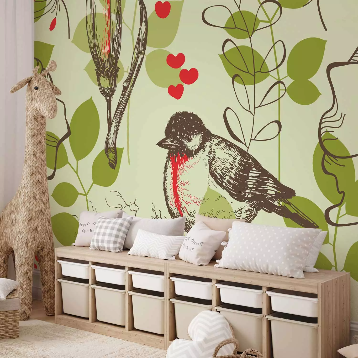 Photo Wallpaper Bird and lilies vintage pattern