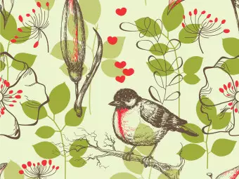 Photo Wallpaper Bird and lilies vintage pattern Wallpaper Cropper