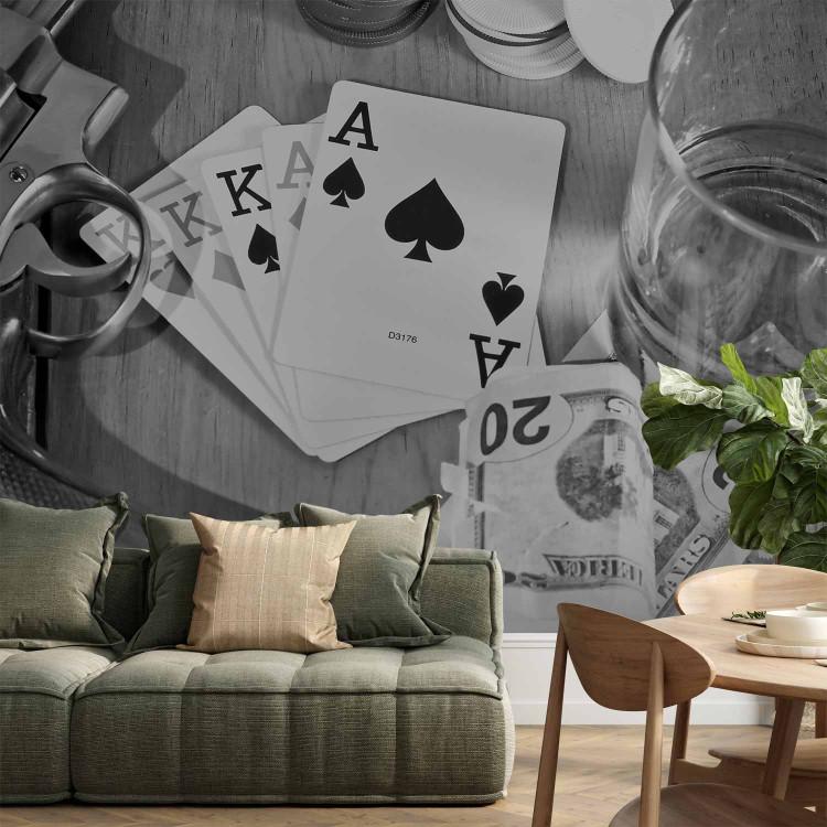 Wall Mural Men's Evening with Poker - Black and white theme of a money game with whiskey