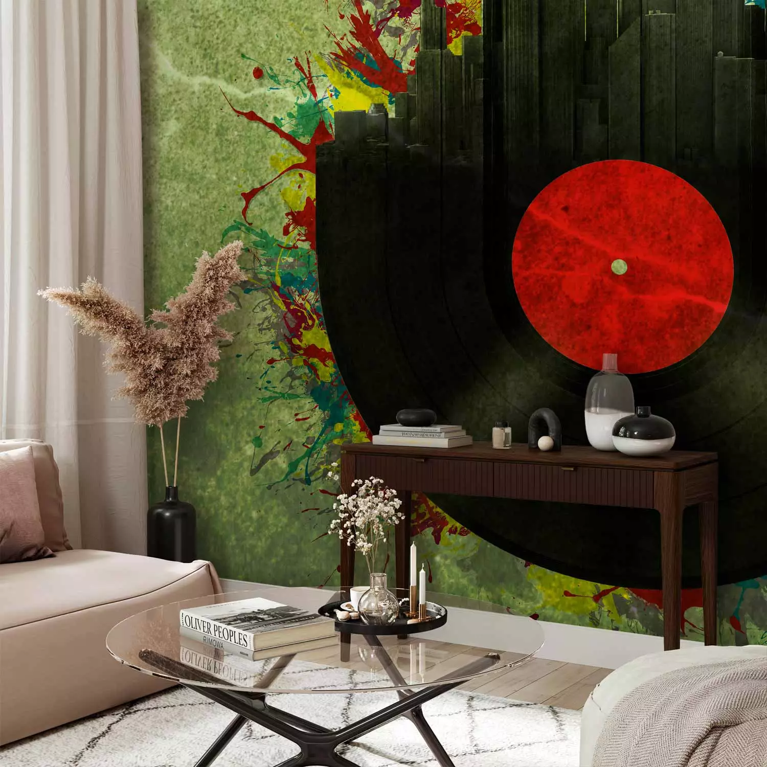 Wall Mural Sounds of the City - Vinyl record on a green background with various colors