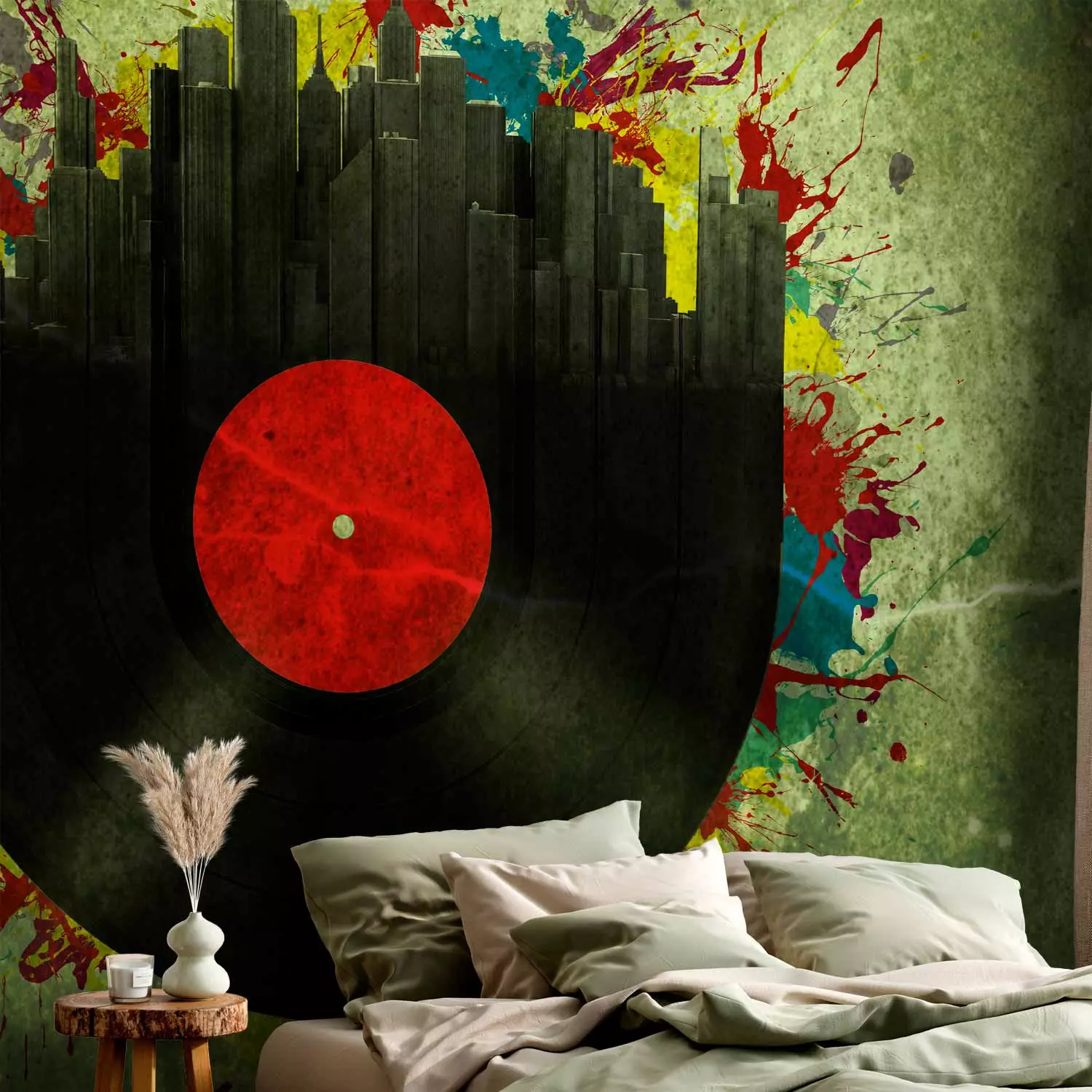 Wall Mural Sounds of the City - Vinyl record on a green background with various colors