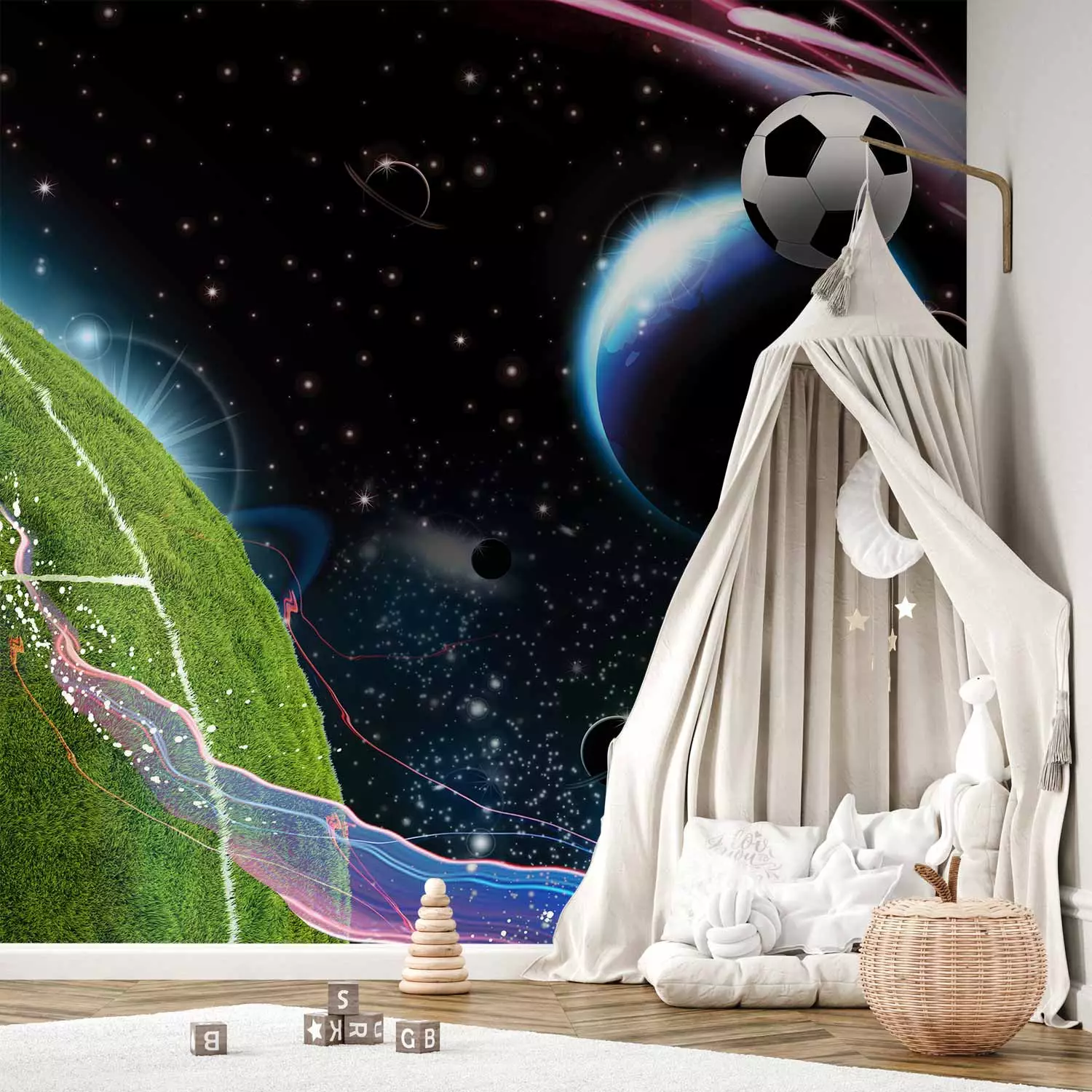 Wall Mural Cosmic Match - Soccer player playing on the field kicking the ball into space
