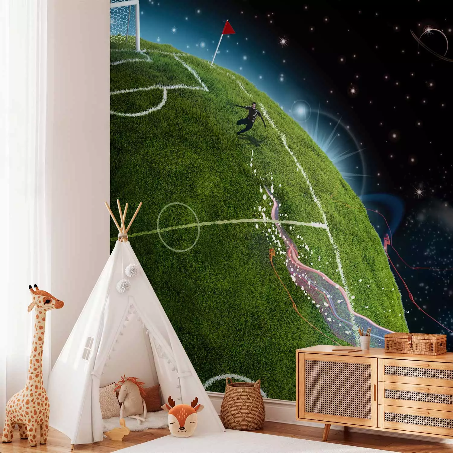 Wall Mural Cosmic Match - Soccer player playing on the field kicking the ball into space