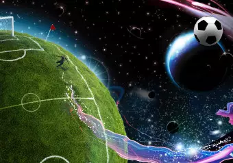 Wall Mural Cosmic Match - Soccer player playing on the field kicking the ball into space Wallpaper Cropper