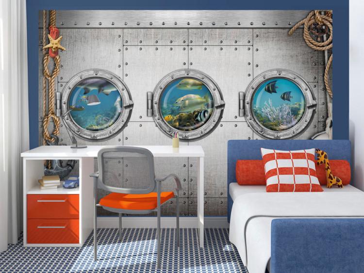 Wall Mural View of Marine Animals - Illusion of windows in a silver submarine