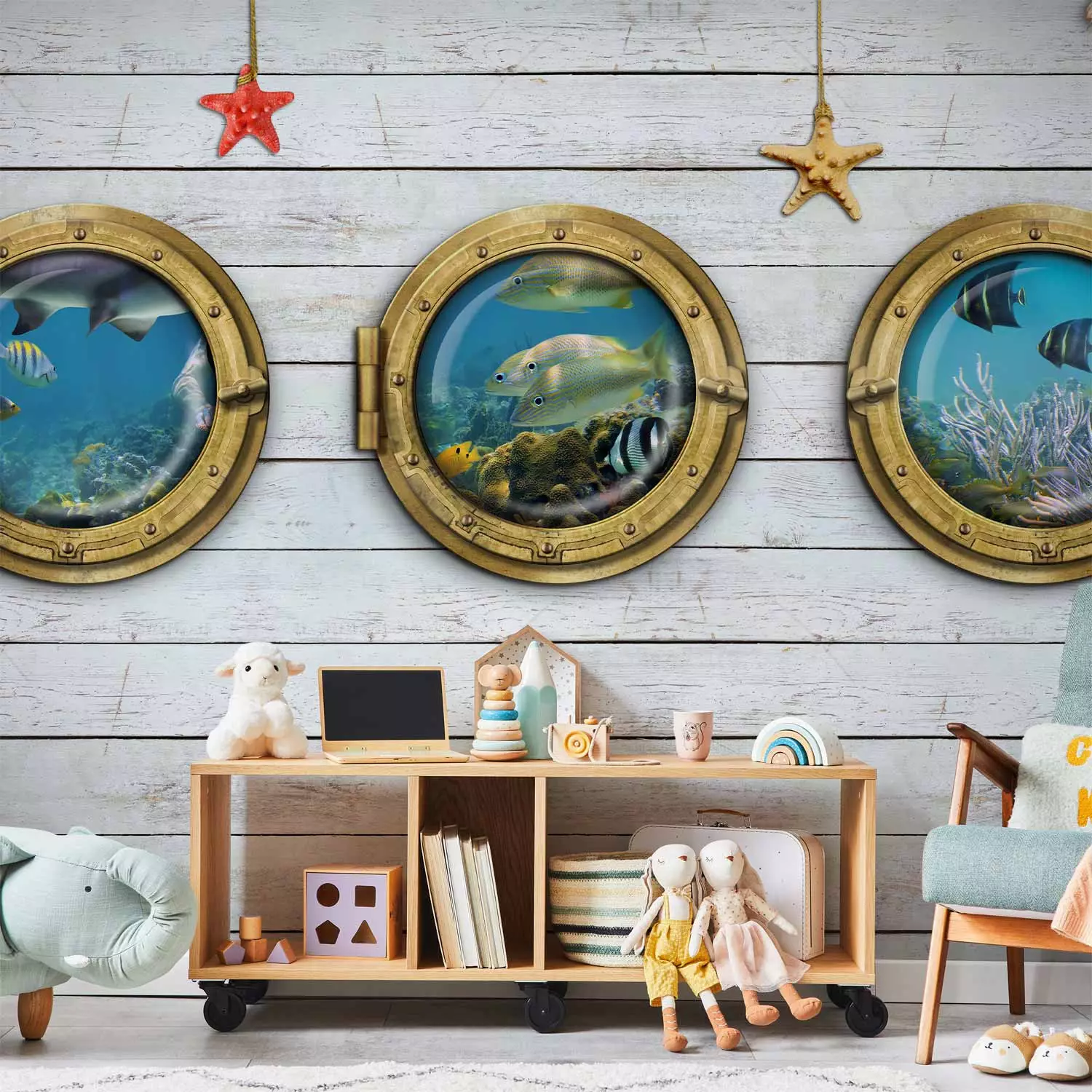 Wall Mural View of the Underwater World - Illusion of a view from a submarine through windows