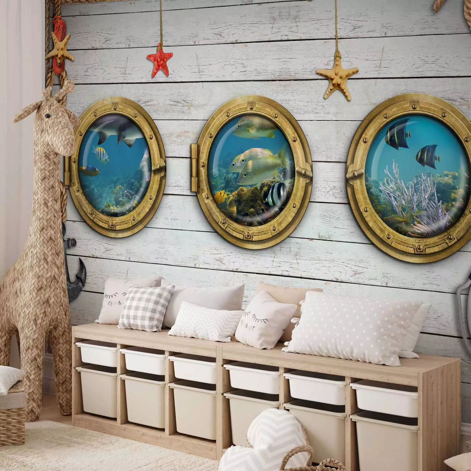 Wall Mural View of the Underwater World - Illusion of a view from a submarine through windows