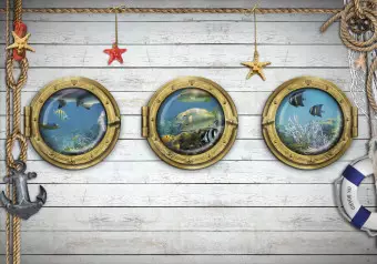 Wall Mural View of the Underwater World - Illusion of a view from a submarine through windows Wallpaper Cropper