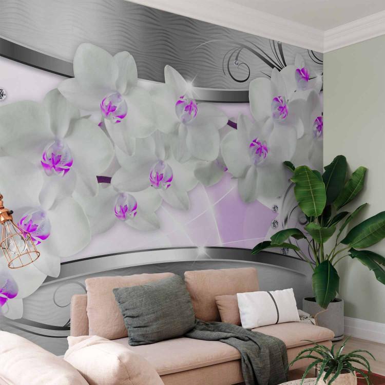 Wall Mural Abstraction with Flowers - White orchids on a silver background with patterns
