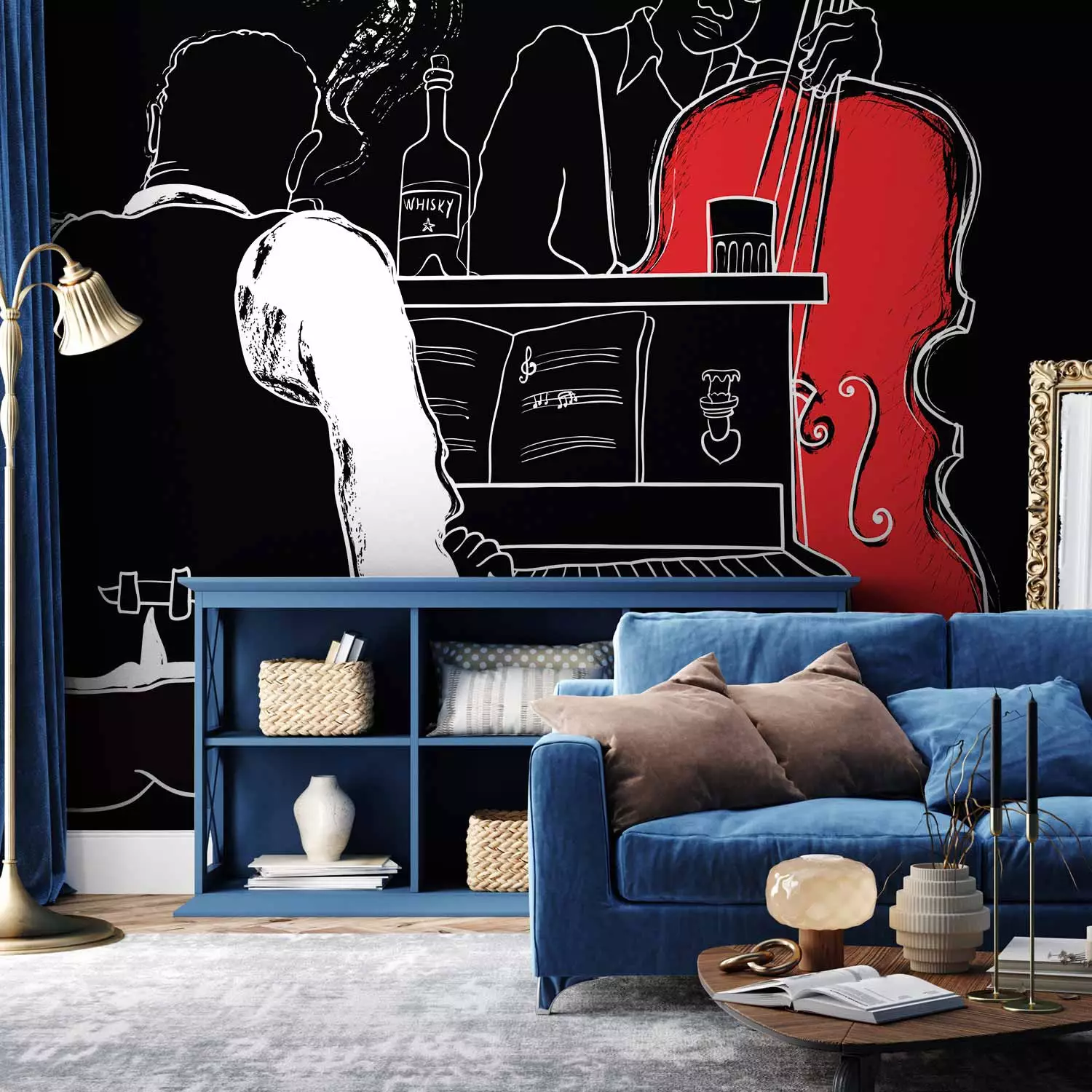 Photo Wallpaper Jazz Music - Musicians playing double bass and piano on a black background
