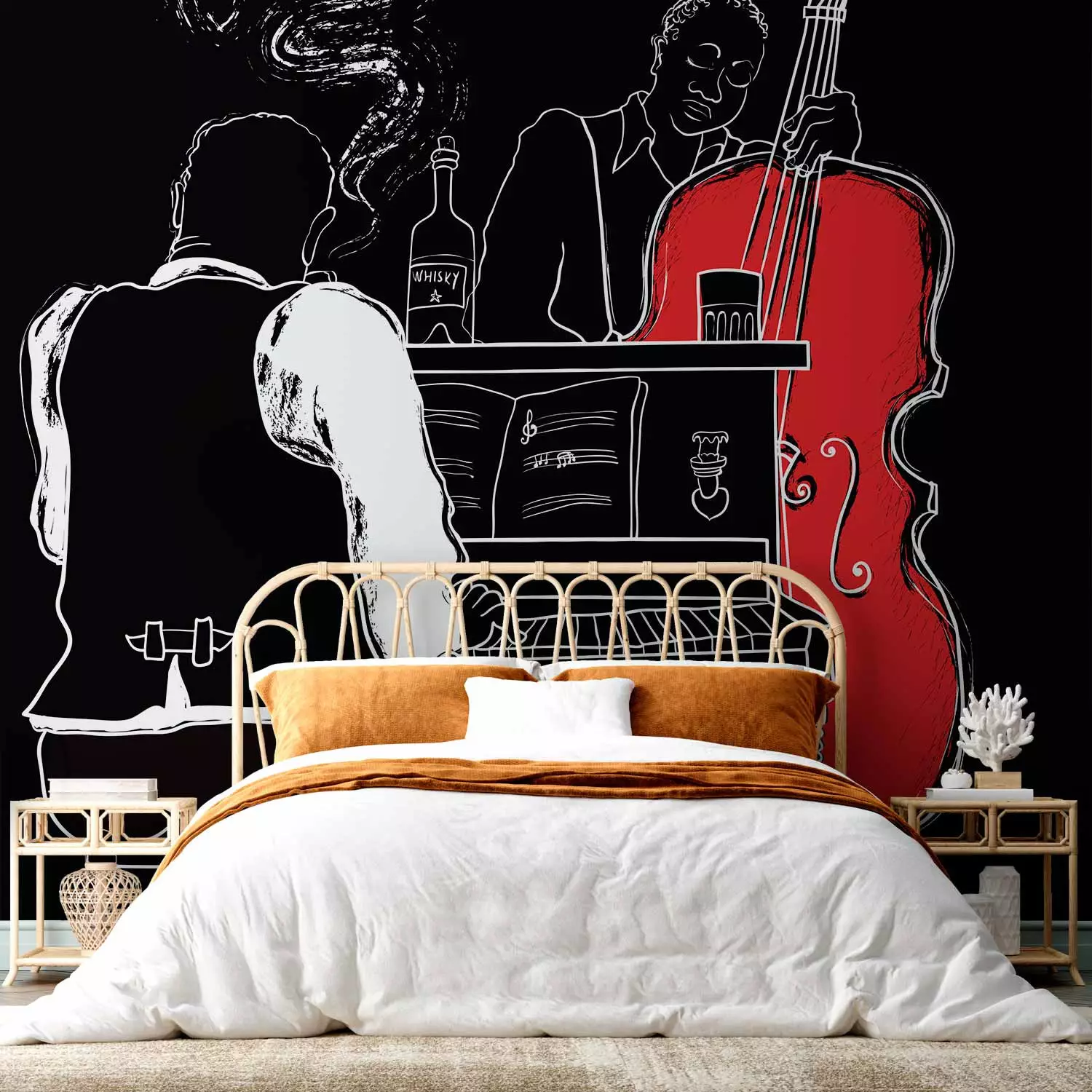 Photo Wallpaper Jazz Music - Musicians playing double bass and piano on a black background