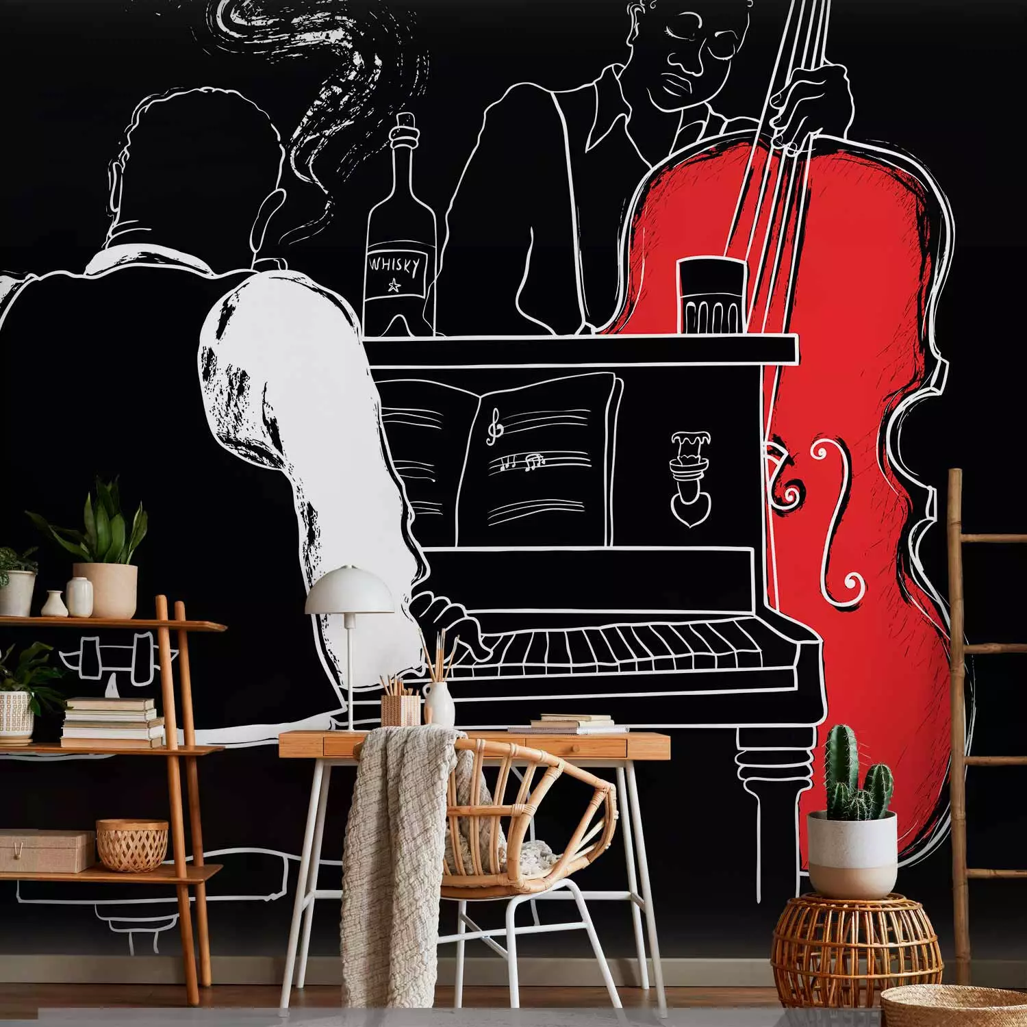 Photo Wallpaper Jazz Music - Musicians playing double bass and piano on a black background