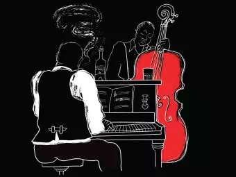 Photo Wallpaper Jazz Music - Musicians playing double bass and piano on a black background Wallpaper Cropper
